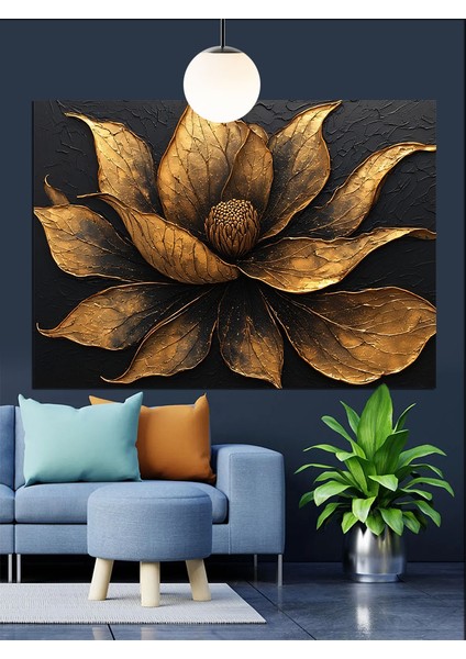 Altın Yapraklı Çiçek Motifi Dekoratif Kanvas - Mdf Ahşap Tablo fiyatları