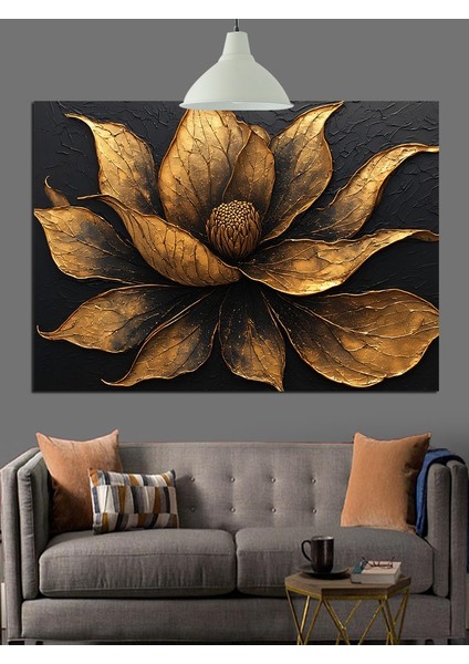 Altın Yapraklı Çiçek Motifi Dekoratif Kanvas - Mdf Ahşap Tablo indirimleri