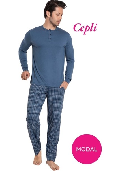 Erkek 3 Düğmeli Ekose Desen Pamuk Likra Mevsimlik Modal Uzun Kol Manşetli Cepli Pijama Takımı