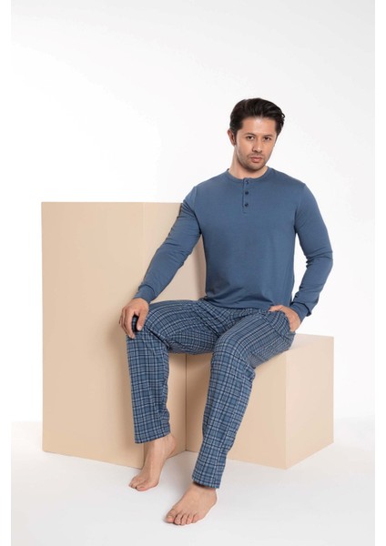 Erkek 3 Düğmeli Ekose Desen Pamuk Likra Mevsimlik Modal Uzun Kol Manşetli Cepli Pijama Takımı modelleri