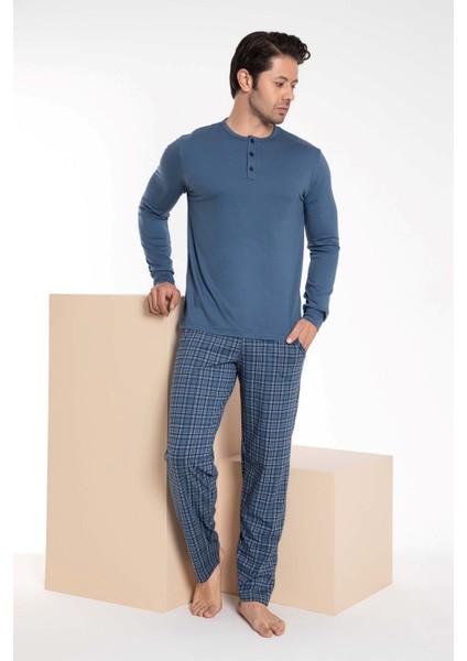 Erkek 3 Düğmeli Ekose Desen Pamuk Likra Mevsimlik Modal Uzun Kol Manşetli Cepli Pijama Takımı fırsatları
