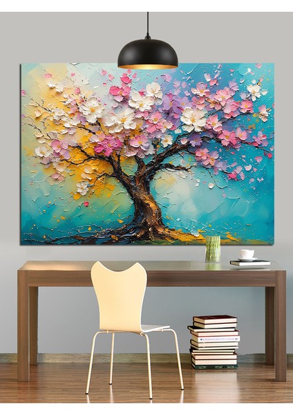 Pembe Çiçek Ağaç Dekoratif Kanvas - Mdf Ahşap Tablo