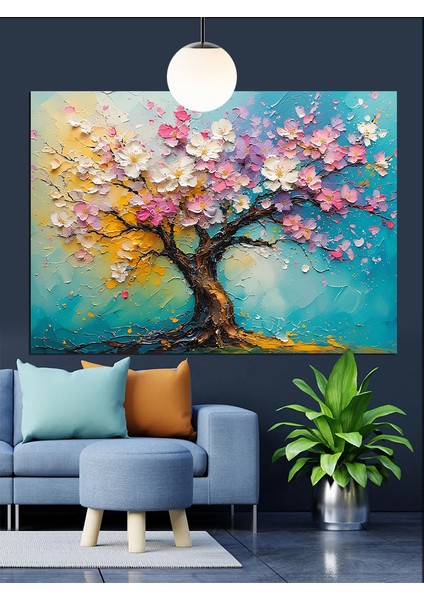 Pembe Çiçek Ağaç Dekoratif Kanvas - Mdf Ahşap Tablo fiyatları