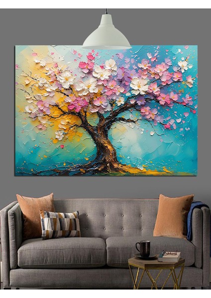 Pembe Çiçek Ağaç Dekoratif Kanvas - Mdf Ahşap Tablo indirimleri