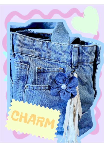 El Yapımı Püskül ve Çiçek Detaylı Denim Çanta Charm indirimleri