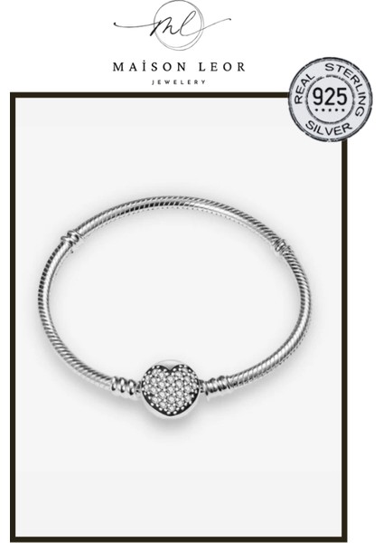 Pave Taşlı Kalp Gümüş Bileklik Charm Taşıyıcı