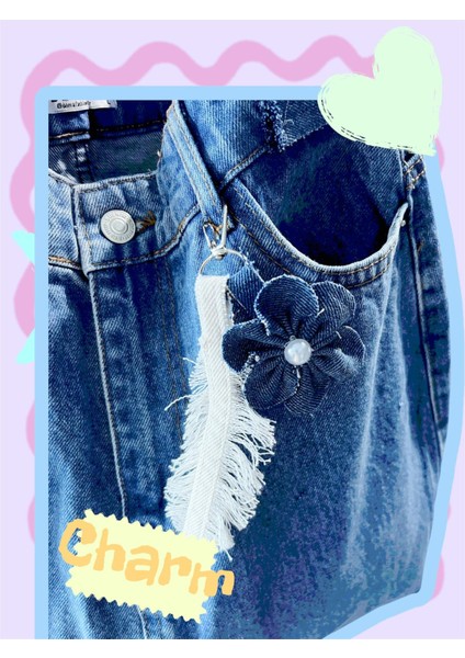 El Yapımı Yaprak ve Çiçek Detaylı Denim Çanta Charm indirimleri