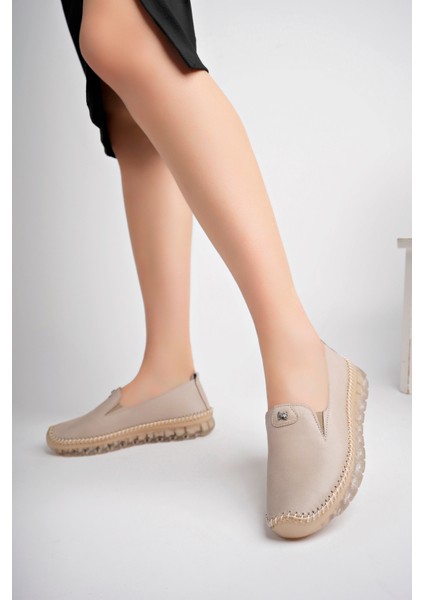 Ortopedik Hakiki Deri Bej Kadın Hafif Babet