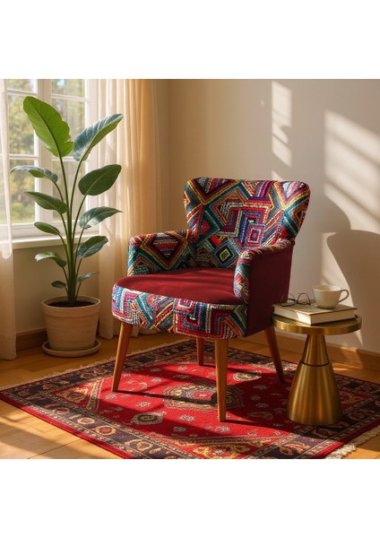 roma Berjer Modern Tekli Koltuk - Dijital Baskı Renkli Kumaş - Ahşap Demonte Ayak - Bordo modelleri