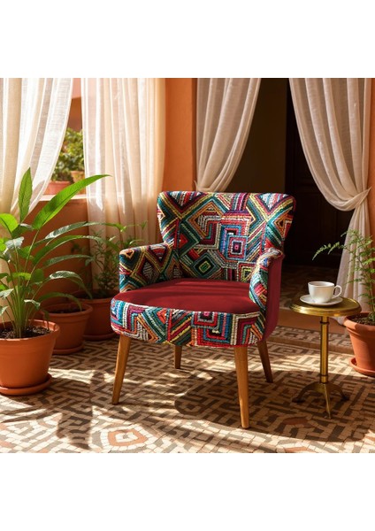 roma Berjer Modern Tekli Koltuk - Dijital Baskı Renkli Kumaş - Ahşap Demonte Ayak - Bordo
