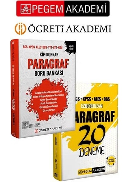 Pegem + Öğreti Kpss Meb-Ags Ales Dgs Kim Korkar Paragraf Soru Bankası + Ezberbozan 20 Deneme 2 Li Set