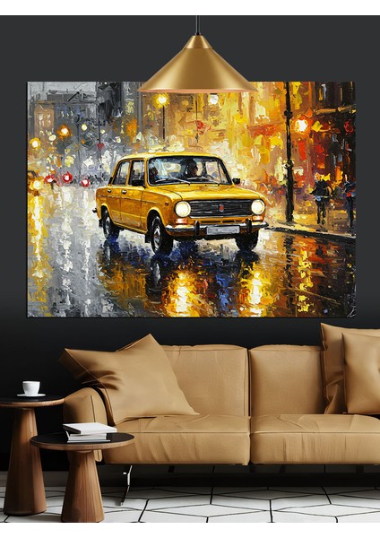 Yağmurlu Sokakta Sarı Taksi Dekoratif Kanvas - Mdf Ahşap Tablo