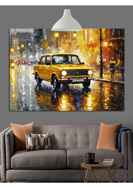 Yağmurlu Sokakta Sarı Taksi Dekoratif Kanvas - Mdf Ahşap Tablo modelleri