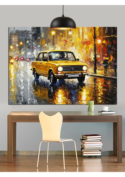 Yağmurlu Sokakta Sarı Taksi Dekoratif Kanvas - Mdf Ahşap Tablo fırsatları