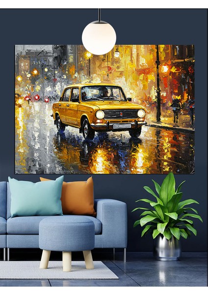 Yağmurlu Sokakta Sarı Taksi Dekoratif Kanvas - Mdf Ahşap Tablo indirimleri
