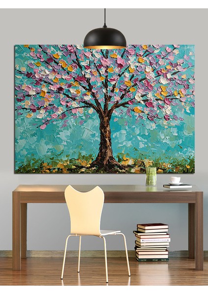 Renkli Çiçekli Ağaç Dekoratif Kanvas - Mdf Ahşap Tablo