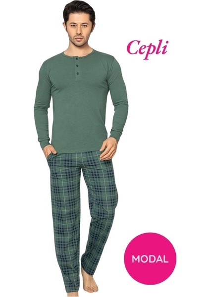 Erkek 3 Düğmeli Ekose Desen Pamuk Likra Mevsimlik Modal Uzun Kol Manşetli Cepli Pijama Takımı