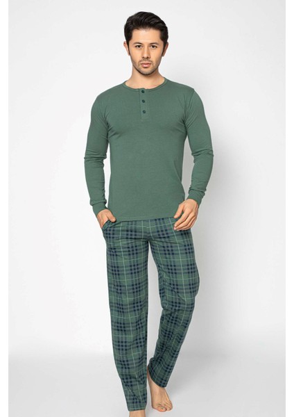 Erkek 3 Düğmeli Ekose Desen Pamuk Likra Mevsimlik Modal Uzun Kol Manşetli Cepli Pijama Takımı fırsatları