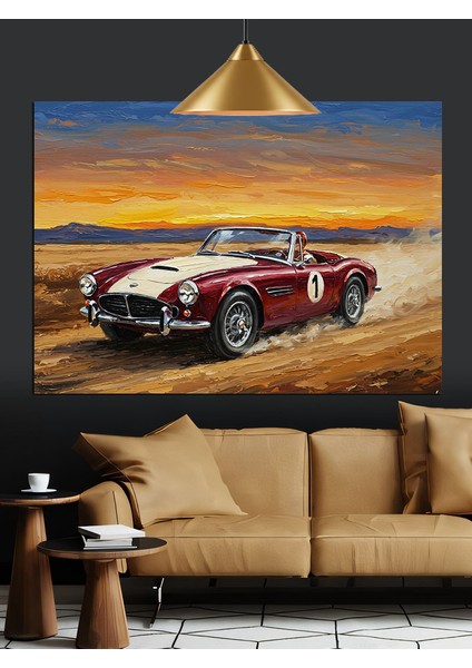 Çölde Klasik Kırmızı Araba Dekoratif Kanvas - Mdf Ahşap Tablo