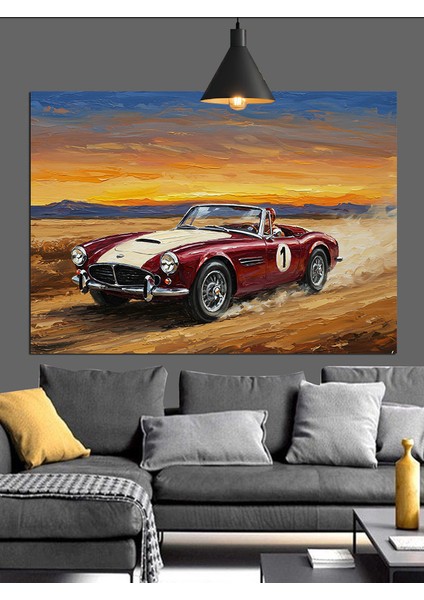 Çölde Klasik Kırmızı Araba Dekoratif Kanvas - Mdf Ahşap Tablo fiyatları