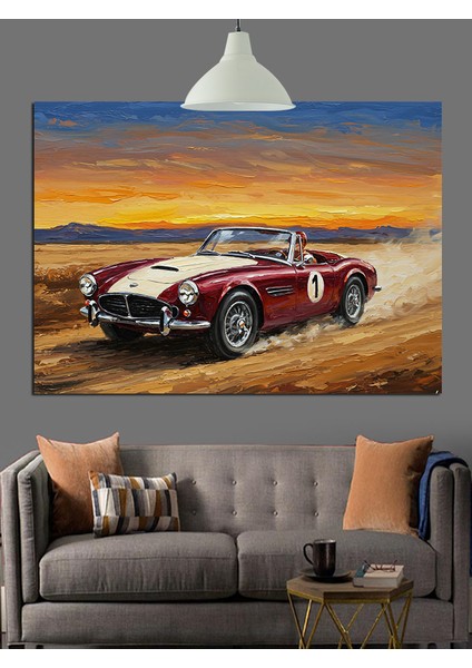 Çölde Klasik Kırmızı Araba Dekoratif Kanvas - Mdf Ahşap Tablo modelleri