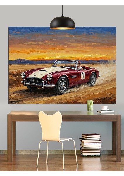 Çölde Klasik Kırmızı Araba Dekoratif Kanvas - Mdf Ahşap Tablo fırsatları