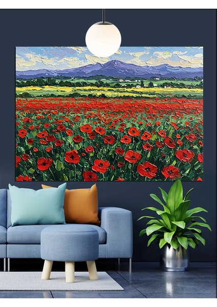 Dağların Önünde Gelincik Tarlası Dekoratif Kanvas - Mdf Ahşap Tablo
