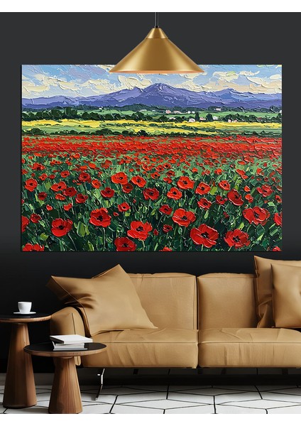 Dağların Önünde Gelincik Tarlası Dekoratif Kanvas - Mdf Ahşap Tablo fiyatları