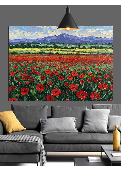 Dağların Önünde Gelincik Tarlası Dekoratif Kanvas - Mdf Ahşap Tablo modelleri