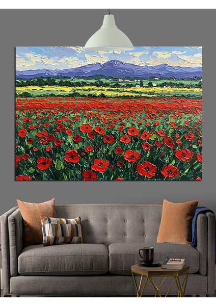 Dağların Önünde Gelincik Tarlası Dekoratif Kanvas - Mdf Ahşap Tablo fırsatları