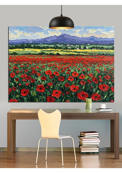 Dağların Önünde Gelincik Tarlası Dekoratif Kanvas - Mdf Ahşap Tablo indirimleri