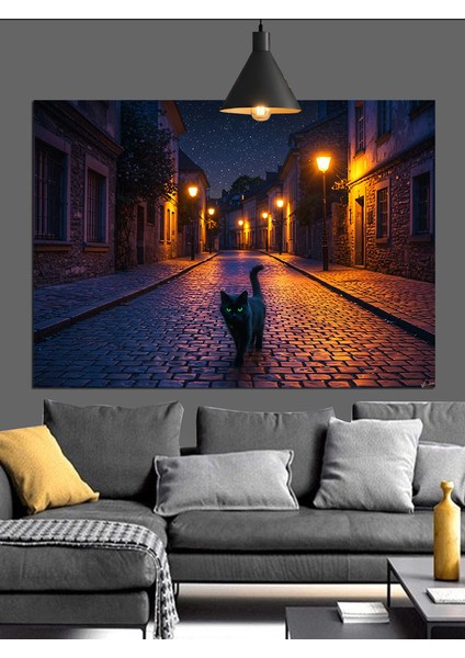 Gece Sokakta Kedi Dekoratif Kanvas - Mdf Ahşap Tablo
