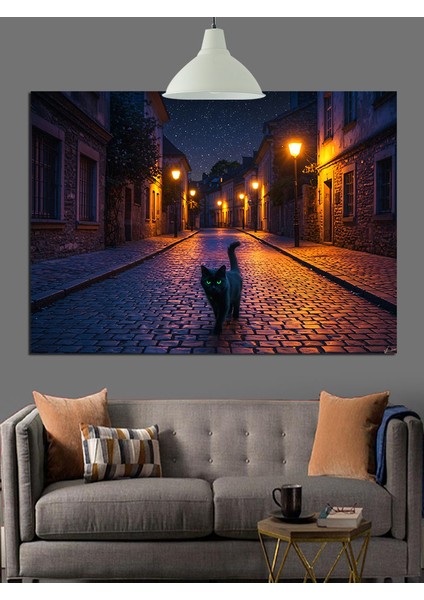 Gece Sokakta Kedi Dekoratif Kanvas - Mdf Ahşap Tablo fiyatları
