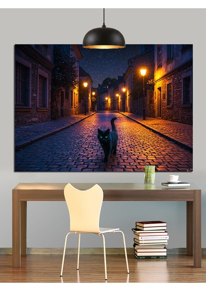 Gece Sokakta Kedi Dekoratif Kanvas - Mdf Ahşap Tablo modelleri