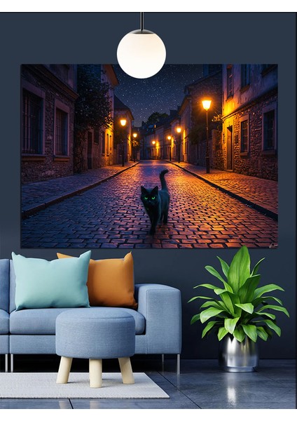 Gece Sokakta Kedi Dekoratif Kanvas - Mdf Ahşap Tablo fırsatları