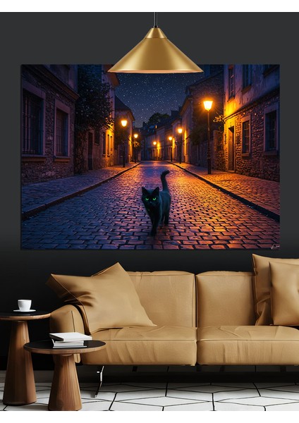 Gece Sokakta Kedi Dekoratif Kanvas - Mdf Ahşap Tablo indirimleri
