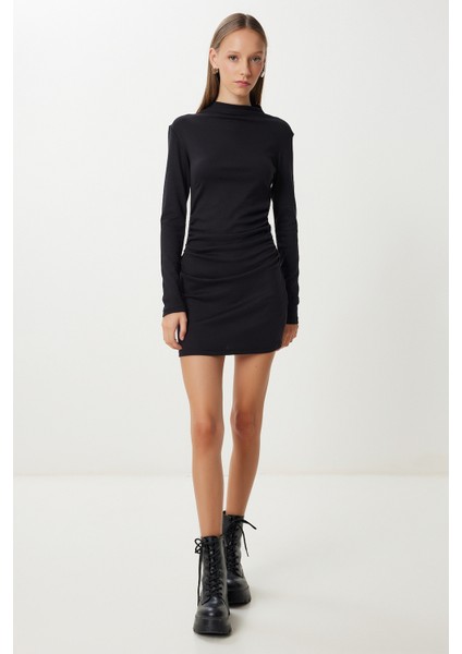 Büzgülü Esnek Mini Örme Elbise LUB0160 Siyah