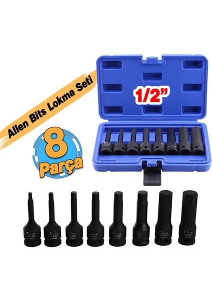 Allen Bits Lokma Seti 8 Parça 1/2" Cr-Mo Çeliği H5 H6 H8 H10 H12 H14 H17 H19 Uzunluk: 78 mm Altıgen
