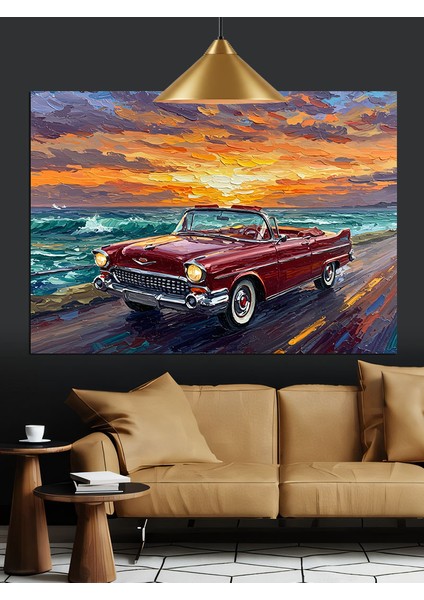 Kıyıda Kırmızı Araba Dekoratif Kanvas - Mdf Ahşap Tablo