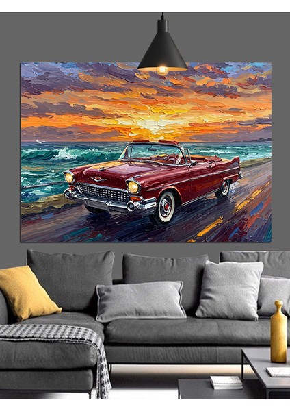 Kıyıda Kırmızı Araba Dekoratif Kanvas - Mdf Ahşap Tablo fiyatları