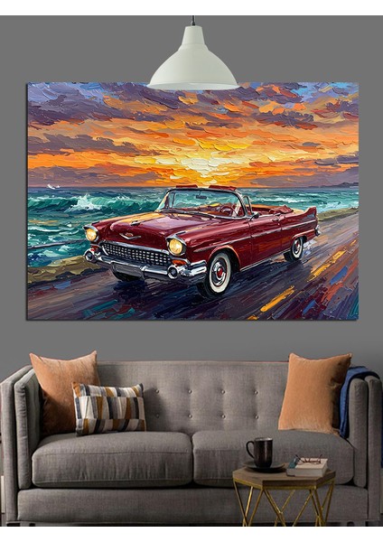 Kıyıda Kırmızı Araba Dekoratif Kanvas - Mdf Ahşap Tablo modelleri