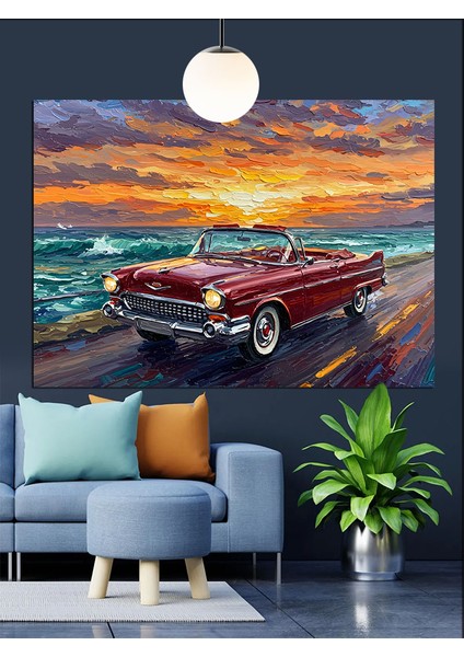 Kıyıda Kırmızı Araba Dekoratif Kanvas - Mdf Ahşap Tablo indirimleri