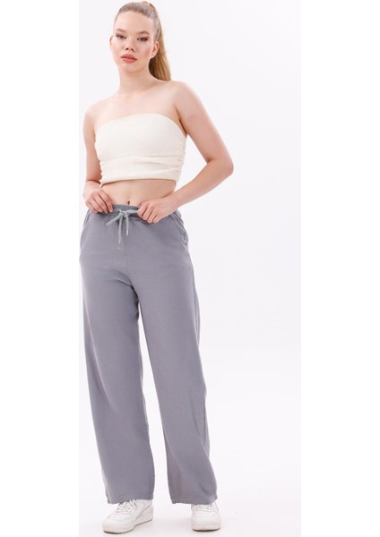 Kadın Yüksek Bel Gabardin-Keten Dokulu Pantolon – Nefes Alabilir Kumaş, 4 Mevsim