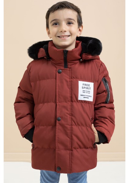 Erkek Çocuk Kiremit Yazılı Arma Detaylı Içi Kürklü Kapüşonlu Şişme Mont 21347 indirimleri