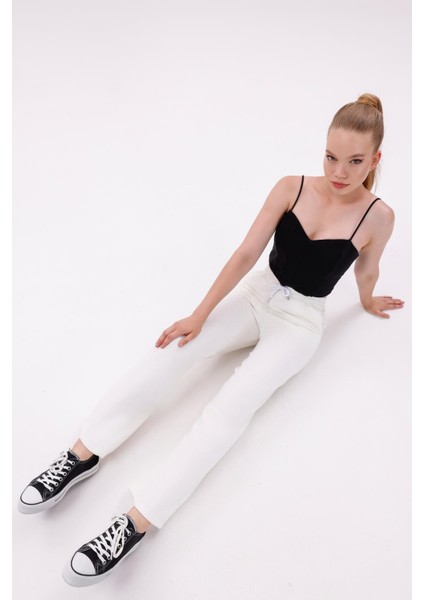 Kadın Yüksek Bel Gabardin-Keten Dokulu Pantolon – Nefes Alabilir Kumaş, 4 Mevsim