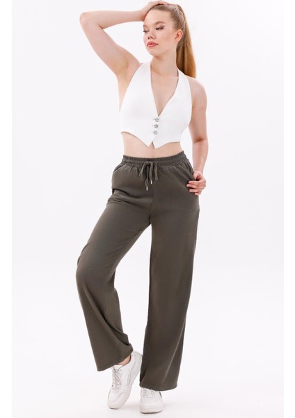 Kadın Yüksek Bel Gabardin-Keten Dokulu Pantolon – Nefes Alabilir Kumaş, 4 Mevsim