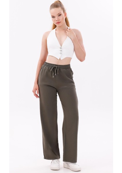 Kadın Yüksek Bel Gabardin-Keten Dokulu Pantolon – Nefes Alabilir Kumaş, 4 Mevsim