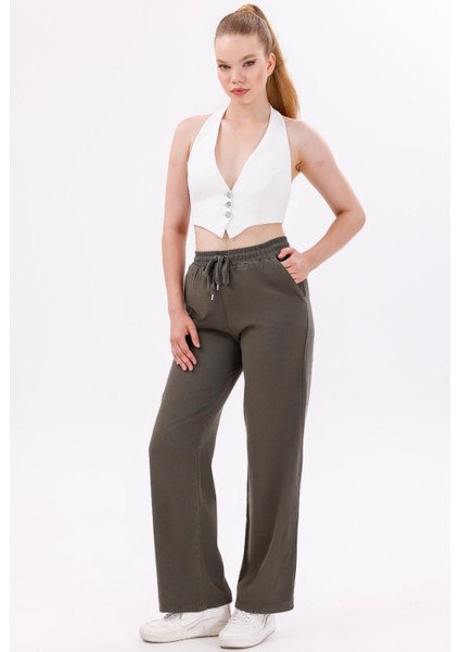 Kadın Yüksek Bel Gabardin-Keten Dokulu Pantolon – Nefes Alabilir Kumaş, 4 Mevsim