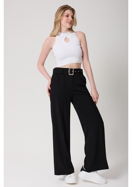 Kadın Kemerli Yüksek Bel Ispanyol Paça Pantolon