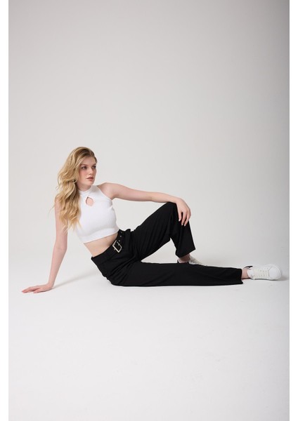 Kadın Kemerli Yüksek Bel Ispanyol Paça Pantolon